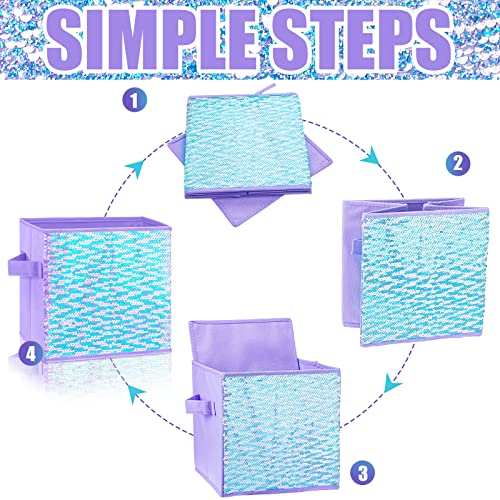 6 Pcs Foldable Sequin Storage Basket Bin 10 Inch Large Fabric Storage Cubes Storage Bin Closet Bins Nursery Bins Shelf Baskets Kids Toys Organizer Boxes for Nursery Home Bedroom Drawer (Purple)