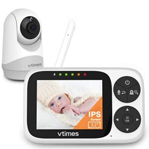 vtimes video baby monitor with camera and audio, 3.2" ips screen, baby monitor camera no wifi night vision vox mode pan-tilt-zoom temperature display 2 way audio lullabies and 1000ft range