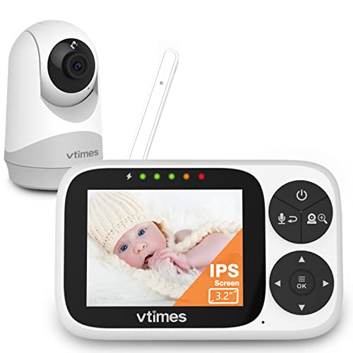 VTimes Video Baby Monitor with Camera and Audio, 3.2" IPS Screen, Baby Monitor Camera No WiFi Night Vision VOX Mode Pan-Tilt-Zoom Temperature Display 2 Way Audio Lullabies and 1000ft Range