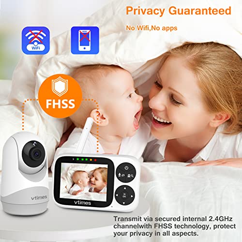 VTimes Video Baby Monitor with Camera and Audio, 3.2" IPS Screen, Baby Monitor Camera No WiFi Night Vision VOX Mode Pan-Tilt-Zoom Temperature Display 2 Way Audio Lullabies and 1000ft Range