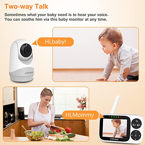 VTimes Video Baby Monitor with Camera and Audio, 3.2" IPS Screen, Baby Monitor Camera No WiFi Night Vision VOX Mode Pan-Tilt-Zoom Temperature Display 2 Way Audio Lullabies and 1000ft Range