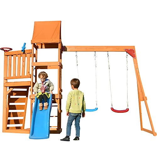 MengK Wooden Swing Set with Slide, Climbing Wall, Sandbox and Wood Roof, Outdoor Playhouse Backyard Activity Playground Playset for Toddlers