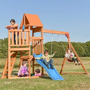 MengK Wooden Swing Set with Slide, Climbing Wall, Sandbox and Wood Roof, Outdoor Playhouse Backyard Activity Playground Playset for Toddlers