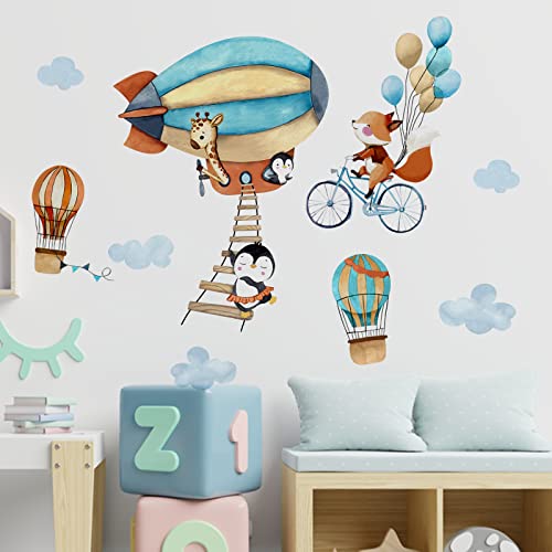 Mfault Baby Hot Air Balloon Animals Wall Decals Stickers, Penguin Giraffe Fox Bike Nursery Decorations Boy Girl Bedroom Playroom Art, Neutral Toddlers Kids Room Decor Gifts