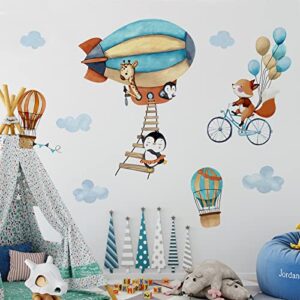 Mfault Baby Hot Air Balloon Animals Wall Decals Stickers, Penguin Giraffe Fox Bike Nursery Decorations Boy Girl Bedroom Playroom Art, Neutral Toddlers Kids Room Decor Gifts