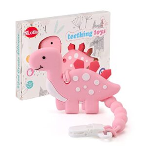 baby teething toys for babies 3-6 6-12 months, dinosaur teether pain relief toy with one piece design pacifier clip holder set, freezer safe neutral shower gift for boys and girls (pink)