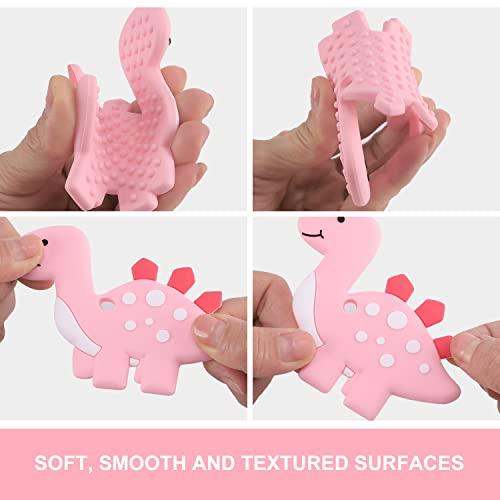 Baby Teething Toys for Babies 3-6 6-12 Months, Dinosaur Teether Pain Relief Toy with One Piece Design Pacifier Clip Holder Set, Freezer Safe Neutral Shower Gift for Boys and Girls (Pink)