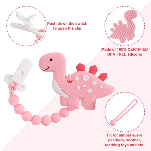 Baby Teething Toys for Babies 3-6 6-12 Months, Dinosaur Teether Pain Relief Toy with One Piece Design Pacifier Clip Holder Set, Freezer Safe Neutral Shower Gift for Boys and Girls (Pink)