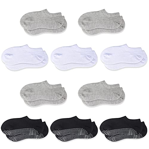 COZYOFFI 10 Pairs Toddler Socks Boys Girls No Show Socks Non Slip Grip Cotton Low Cut Socks(1-3T, C01-Black/White/Gray)