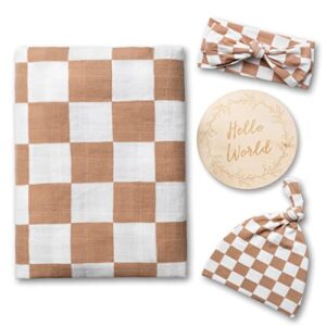 miaoberry 100% organic muslin swaddle set| checkered in coffee latte with matching hat/headband