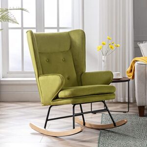 zhenghao velvet rocking chair, upholstered glider nursery rocker chair with high back, mid century modern lounge arm chair comfy side chair for living room/bedroom, green