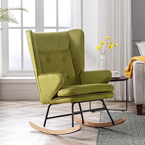 ZHENGHAO Velvet Rocking Chair, Upholstered Glider Nursery Rocker Chair with High Back, Mid Century Modern Lounge Arm Chair Comfy Side Chair for Living Room/Bedroom, Green