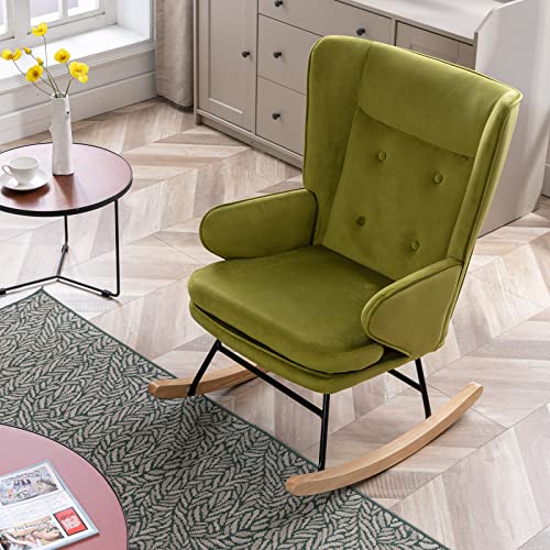 ZHENGHAO Velvet Rocking Chair, Upholstered Glider Nursery Rocker Chair with High Back, Mid Century Modern Lounge Arm Chair Comfy Side Chair for Living Room/Bedroom, Green