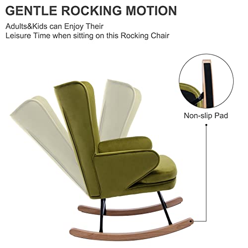 ZHENGHAO Velvet Rocking Chair, Upholstered Glider Nursery Rocker Chair with High Back, Mid Century Modern Lounge Arm Chair Comfy Side Chair for Living Room/Bedroom, Green