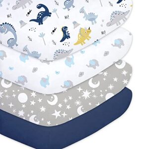 plushii crib sheets for baby boys 4 pack, 28"x 52" extra soft microfiber crib sheet set for standard crib & toddler mattress pad, dinosaur & elephant & stars & navy blue