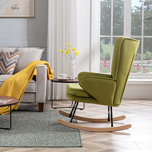 ZHENGHAO Velvet Rocking Chair, Upholstered Glider Nursery Rocker Chair with High Back, Mid Century Modern Lounge Arm Chair Comfy Side Chair for Living Room/Bedroom, Green