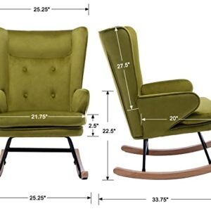 ZHENGHAO Velvet Rocking Chair, Upholstered Glider Nursery Rocker Chair with High Back, Mid Century Modern Lounge Arm Chair Comfy Side Chair for Living Room/Bedroom, Green