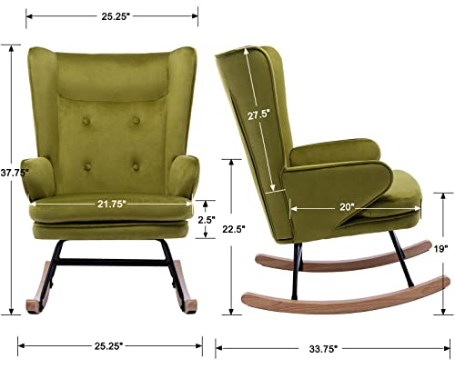 ZHENGHAO Velvet Rocking Chair, Upholstered Glider Nursery Rocker Chair with High Back, Mid Century Modern Lounge Arm Chair Comfy Side Chair for Living Room/Bedroom, Green