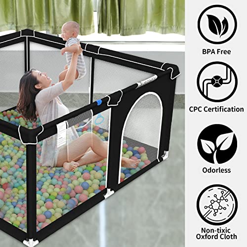 JUSONEY Baby Playard,Baby Playpen with Mat,50”×50” Baby Playpen for Toddler with Gate, Indoor & Outdoor Playard for Kids Activity Center with Anti-Slip Base,Sturdy Safety,Soft Breathable Mesh-Black