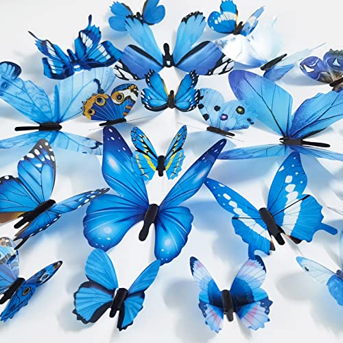 Ewong Butterfly Wall Decals 24PCS Room Decor Wall Art 3D Butterflies Mural Sticker Home Decoration Kid Girl Bedroom Bathroom Nursery Classroom Office Party Removable Decorative (Blue)