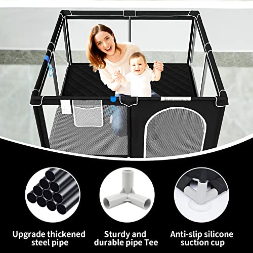 JUSONEY Baby Playard,Baby Playpen with Mat,50”×50” Baby Playpen for Toddler with Gate, Indoor & Outdoor Playard for Kids Activity Center with Anti-Slip Base,Sturdy Safety,Soft Breathable Mesh-Black