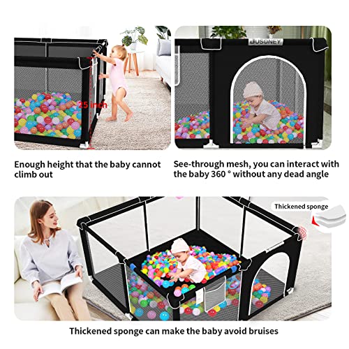 JUSONEY Baby Playard,Baby Playpen with Mat,50”×50” Baby Playpen for Toddler with Gate, Indoor & Outdoor Playard for Kids Activity Center with Anti-Slip Base,Sturdy Safety,Soft Breathable Mesh-Black