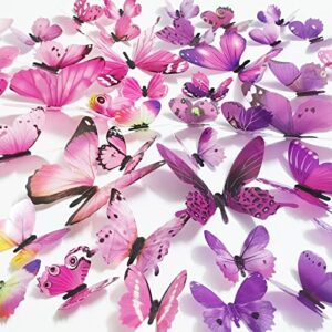 ewong butterfly wall decals 48pcs 3d butterflies decor removable mural sticker wall art home decoration kid girl bedroom bathroom baby room nursery classroom office party (pink purple)