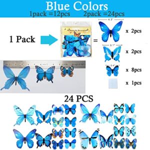 Ewong Butterfly Wall Decals 24PCS Room Decor Wall Art 3D Butterflies Mural Sticker Home Decoration Kid Girl Bedroom Bathroom Nursery Classroom Office Party Removable Decorative (Blue)