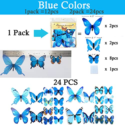 Ewong Butterfly Wall Decals 24PCS Room Decor Wall Art 3D Butterflies Mural Sticker Home Decoration Kid Girl Bedroom Bathroom Nursery Classroom Office Party Removable Decorative (Blue)