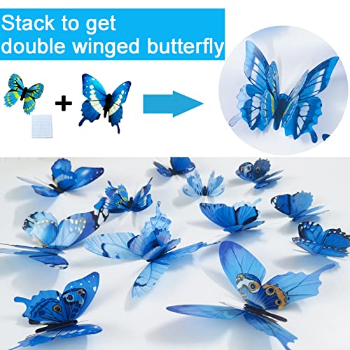 Ewong Butterfly Wall Decals 24PCS Room Decor Wall Art 3D Butterflies Mural Sticker Home Decoration Kid Girl Bedroom Bathroom Nursery Classroom Office Party Removable Decorative (Blue)