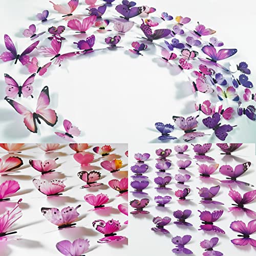 Ewong Butterfly Wall Decals 48PCS 3D Butterflies Decor Removable Mural Sticker Wall Art Home Decoration Kid Girl Bedroom Bathroom Baby Room Nursery Classroom Office Party (Pink Purple)