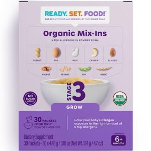 ready set food | early allergen introduction mix-ins for babies 4+ mo | stage 3-30 days | 9 top allergens - organic peanut egg milk almond cashew walnut sesame soy wheat | for food | readysetfood