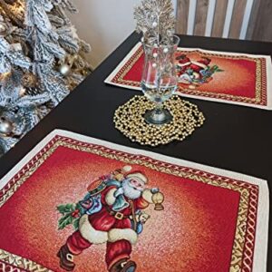 Christmas Placemats with Santa Set of 2 Red Fabric Holiday Glitter with gold Lurex (set of 2) Size:13in X 19in (34cm X 49cm)