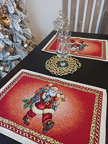 Christmas Placemats with Santa Set of 2 Red Fabric Holiday Glitter with gold Lurex (set of 2) Size:13in X 19in (34cm X 49cm)