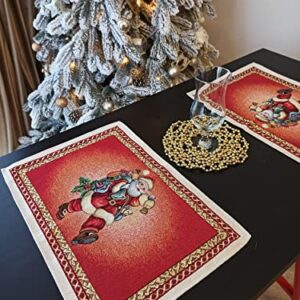 Christmas Placemats with Santa Set of 2 Red Fabric Holiday Glitter with gold Lurex (set of 2) Size:13in X 19in (34cm X 49cm)