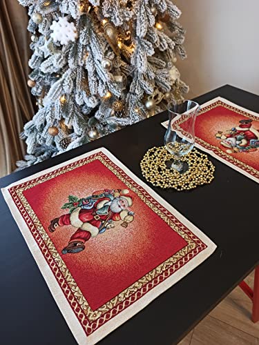 Christmas Placemats with Santa Set of 2 Red Fabric Holiday Glitter with gold Lurex (set of 2) Size:13in X 19in (34cm X 49cm)