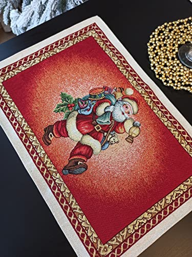 Christmas Placemats with Santa Set of 2 Red Fabric Holiday Glitter with gold Lurex (set of 2) Size:13in X 19in (34cm X 49cm)