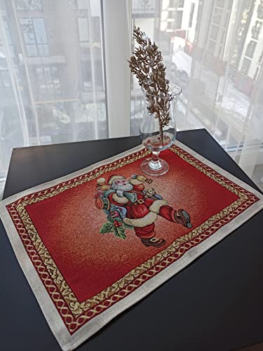 Christmas Placemats with Santa Set of 2 Red Fabric Holiday Glitter with gold Lurex (set of 2) Size:13in X 19in (34cm X 49cm)