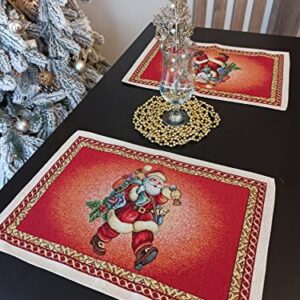 Christmas Placemats with Santa Set of 2 Red Fabric Holiday Glitter with gold Lurex (set of 2) Size:13in X 19in (34cm X 49cm)