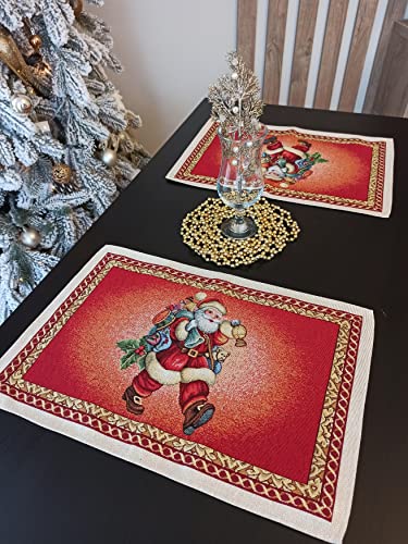 Christmas Placemats with Santa Set of 2 Red Fabric Holiday Glitter with gold Lurex (set of 2) Size:13in X 19in (34cm X 49cm)