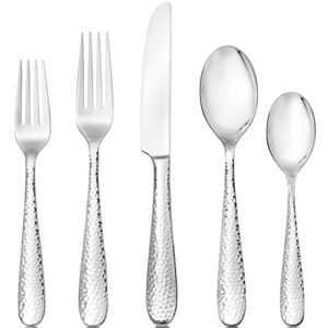 hudson essentials 40-piece bergamo hammered 18/10 mirror stainless steel silverware cutlery set, utensil flatware service for 8