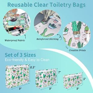 HIONXMGA TSA Approved Toiletry Bag,Set of 3 Clear Travel Toiletry Bags Quart Size Zipper Travel Pouch,Waterproof Travel Makeup Cosmetic Bag for Women Men Toiletries Carry on Airport,Cacti A