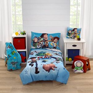 Disney Toy Story It's Play Time Blue, Green, and White, Woody and Buzz 2 Piece Toddler Sheet Set - Fitted Bottom Sheet and Reversible Pillowcase