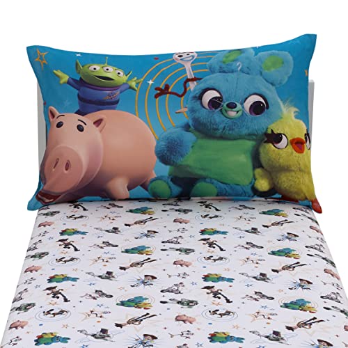 Disney Toy Story It's Play Time Blue, Green, and White, Woody and Buzz 2 Piece Toddler Sheet Set - Fitted Bottom Sheet and Reversible Pillowcase