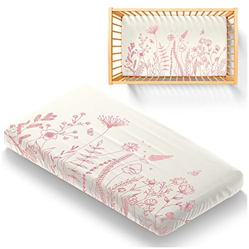 Carlsbad Linen Company Breathable Muslin and Silky Soft Bamboo Fitted Crib Sheet Ultimate Quality for Baby Boy or Girl Toddler (52"x28"x7") Cream and Pink Grass Flower Silhouette