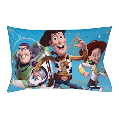 Disney Toy Story It's Play Time Blue, Green, and White, Woody and Buzz 2 Piece Toddler Sheet Set - Fitted Bottom Sheet and Reversible Pillowcase