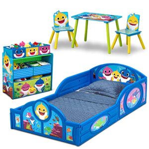 baby shark 5-piece toddler bedroom set by delta children - includes bed, table with 2 chairs and 6 bin design and store toy organizer, blue