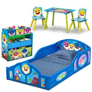 Baby Shark 5-Piece Toddler Bedroom Set by Delta Children - Includes Bed, Table with 2 Chairs and 6 Bin Design and Store Toy Organizer, Blue