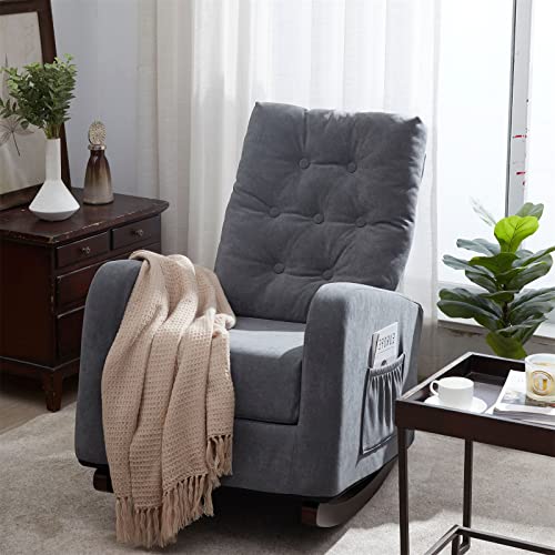 Ucloveria Rocking Chair Mid-Century Modern Nursery Rocking Armchair Upholstered Tall Back Accent Glider Rocker for Living Room Grey