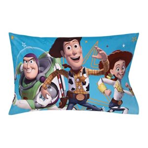 Disney Toy Story It's Play Time Blue, Green, Red, and Yellow, Woody and Buzz 4 Piece Toddler Bed Set - Comforter, Fitted Bottom Sheet, Flat Top Sheet, and Reversible Pillowcase